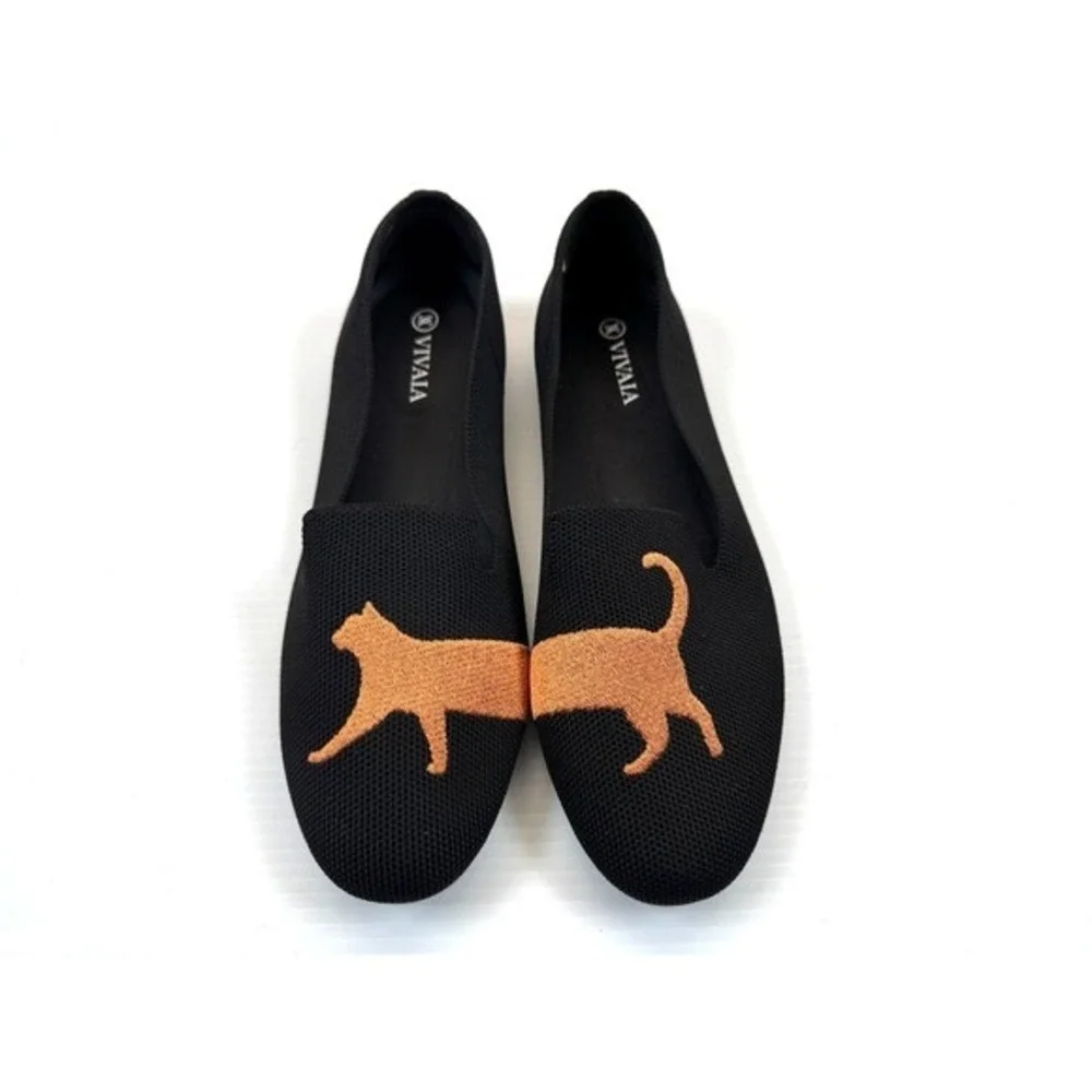 VIVAIA Audrey Black Cat Embroidered Knit Loafers Womens US 9 EU 40